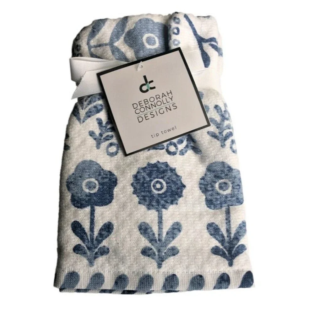 Deborah Connolly Fingertip Towels Blue Flower Bathroom Denim Blue White Set of 2